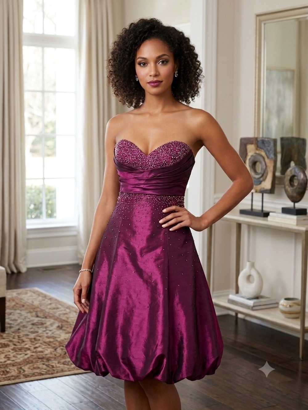 Aspeed Strapless Beaded Sweetheart Cocktail Dress in Plum